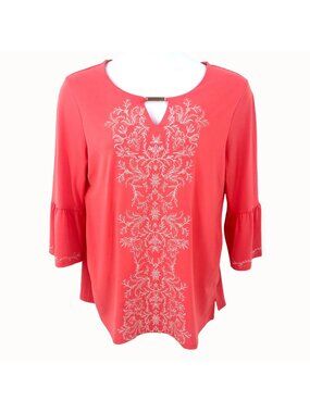 JM Collection Coral Bell Sleeve Top W/ Metallic Embroidery & Keyhole Accent Top
